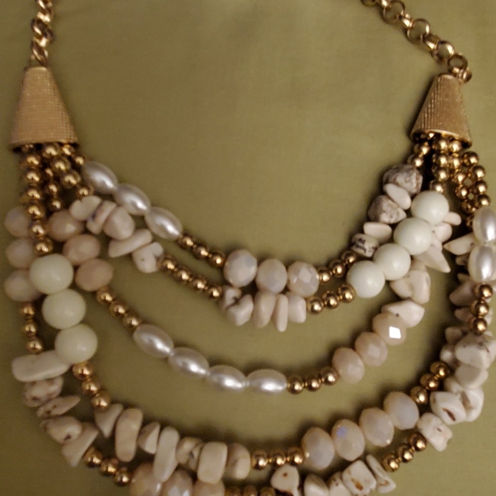 White and beige multi strand necklace